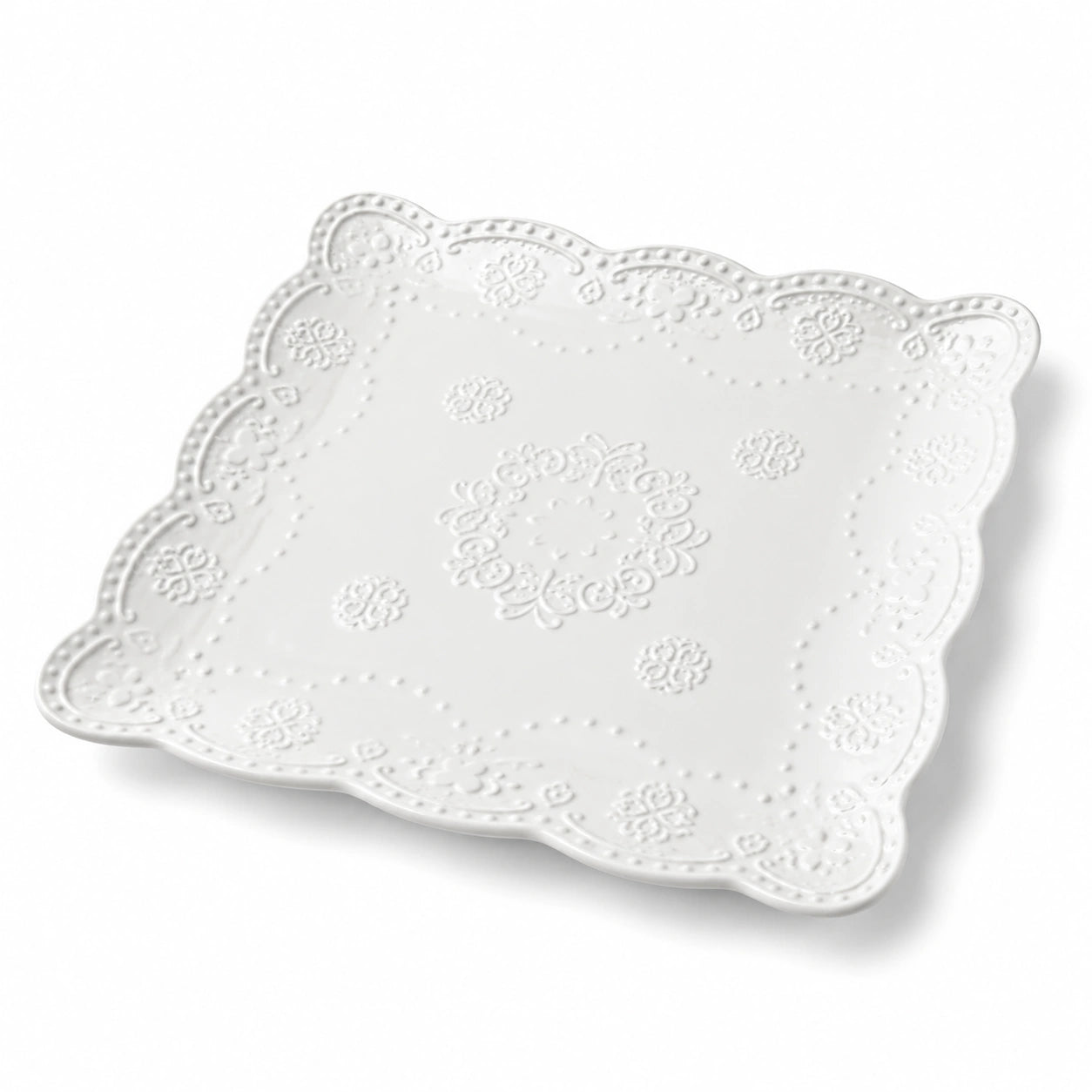 Assiette carrée 25×25 cm en céramique blanche à relief décoratif pour service de table