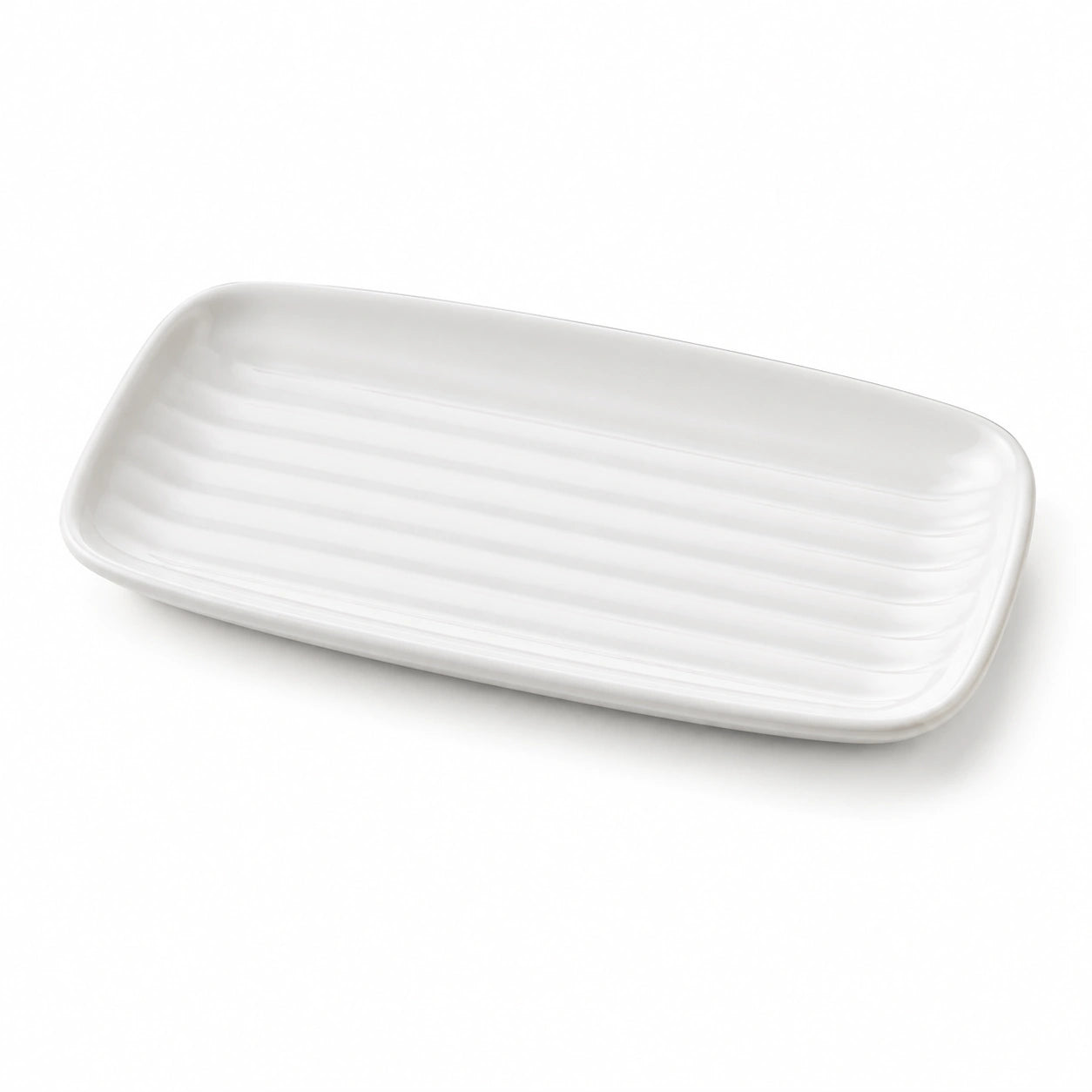 Plat rectangulaire 30 × 15 cm en céramique blanche strié pour service