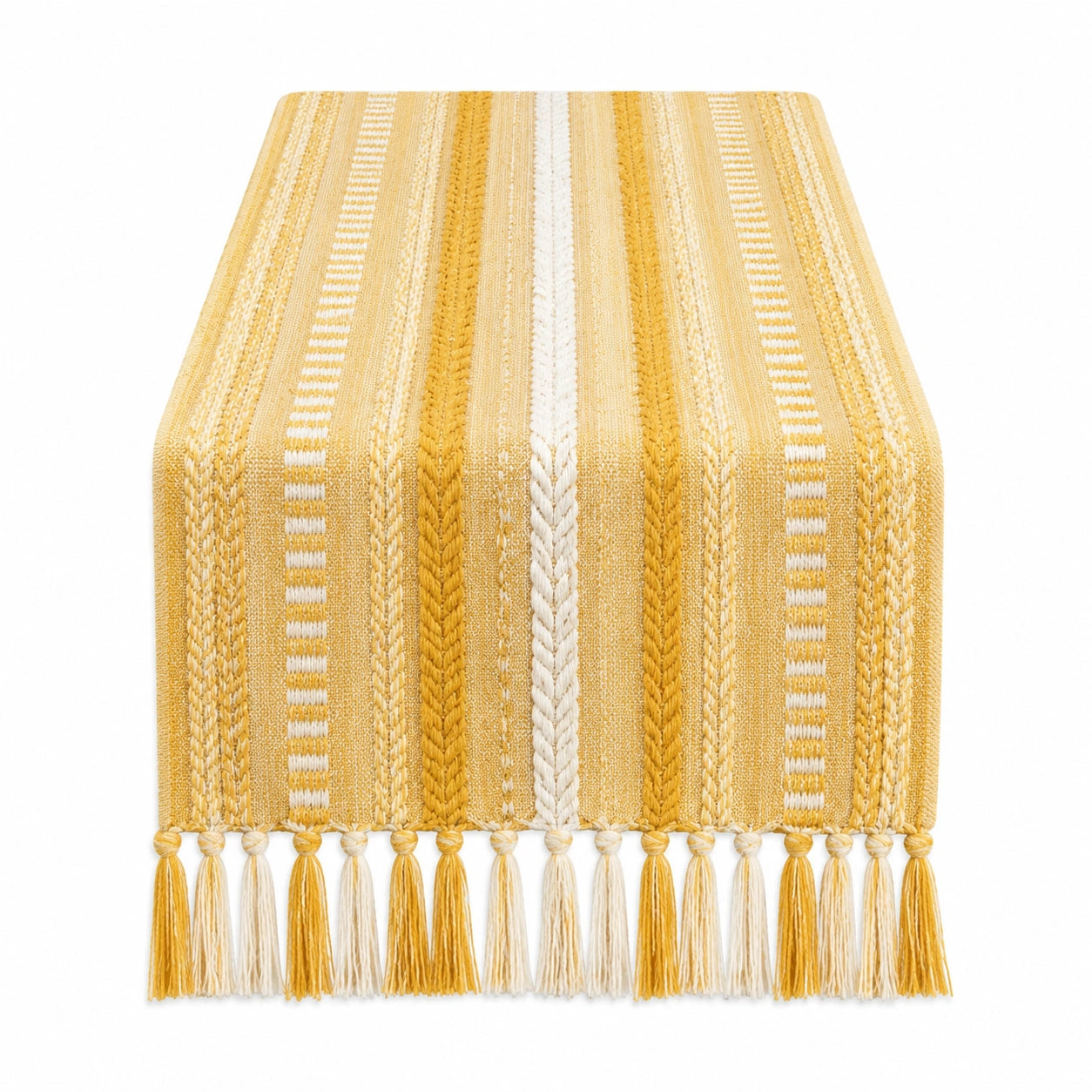 Chemin de table 180 x 33 cm en coton jaune et blanc tissé à franges style bohème
