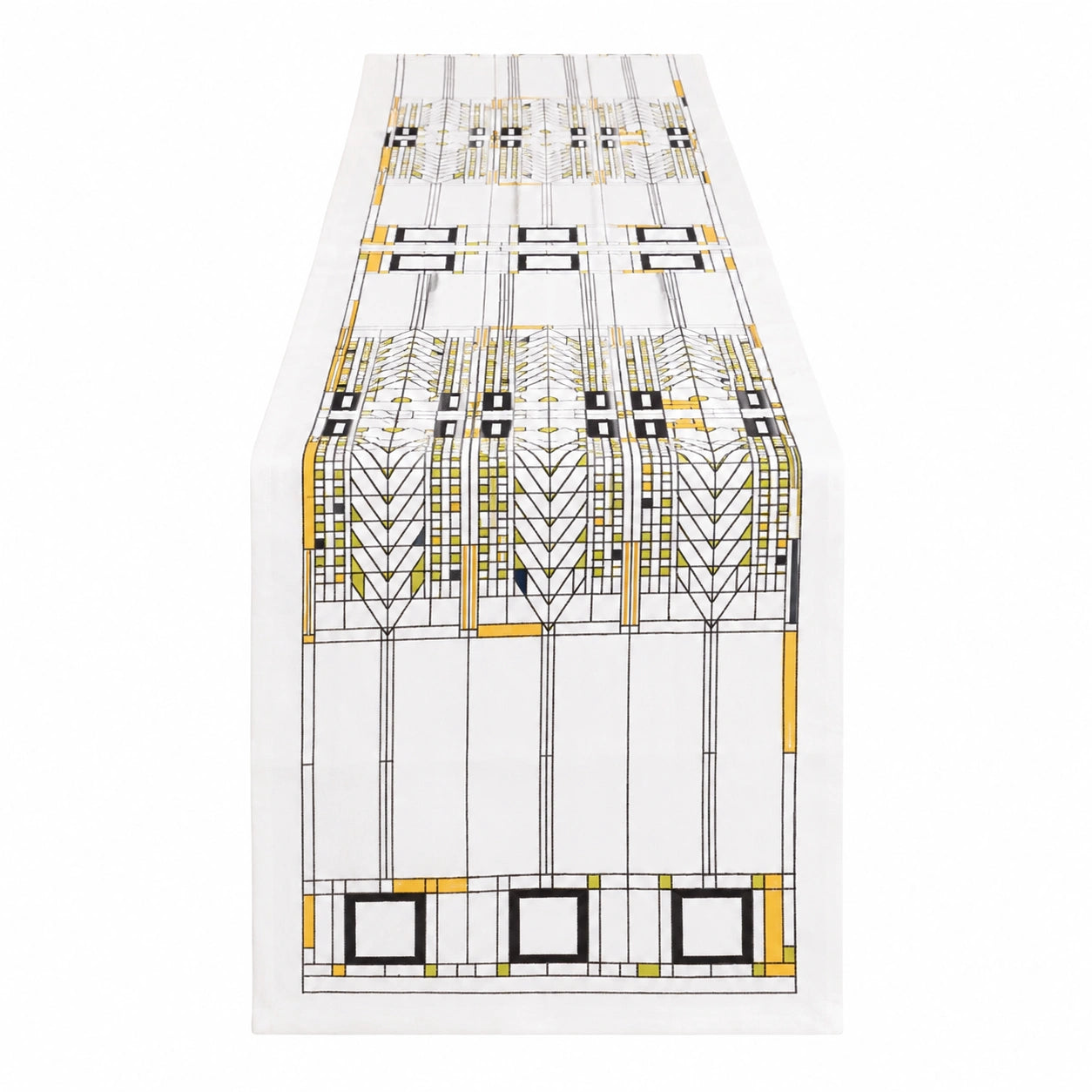 Chemin de table 180 x 40 cm en tissu blanc motif géométrique noir et jaune style architectural