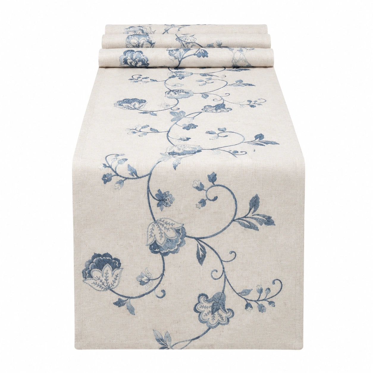 Chemin de table 40 x 180 cm tissu aspect lin beige bleu motif floral décoratif