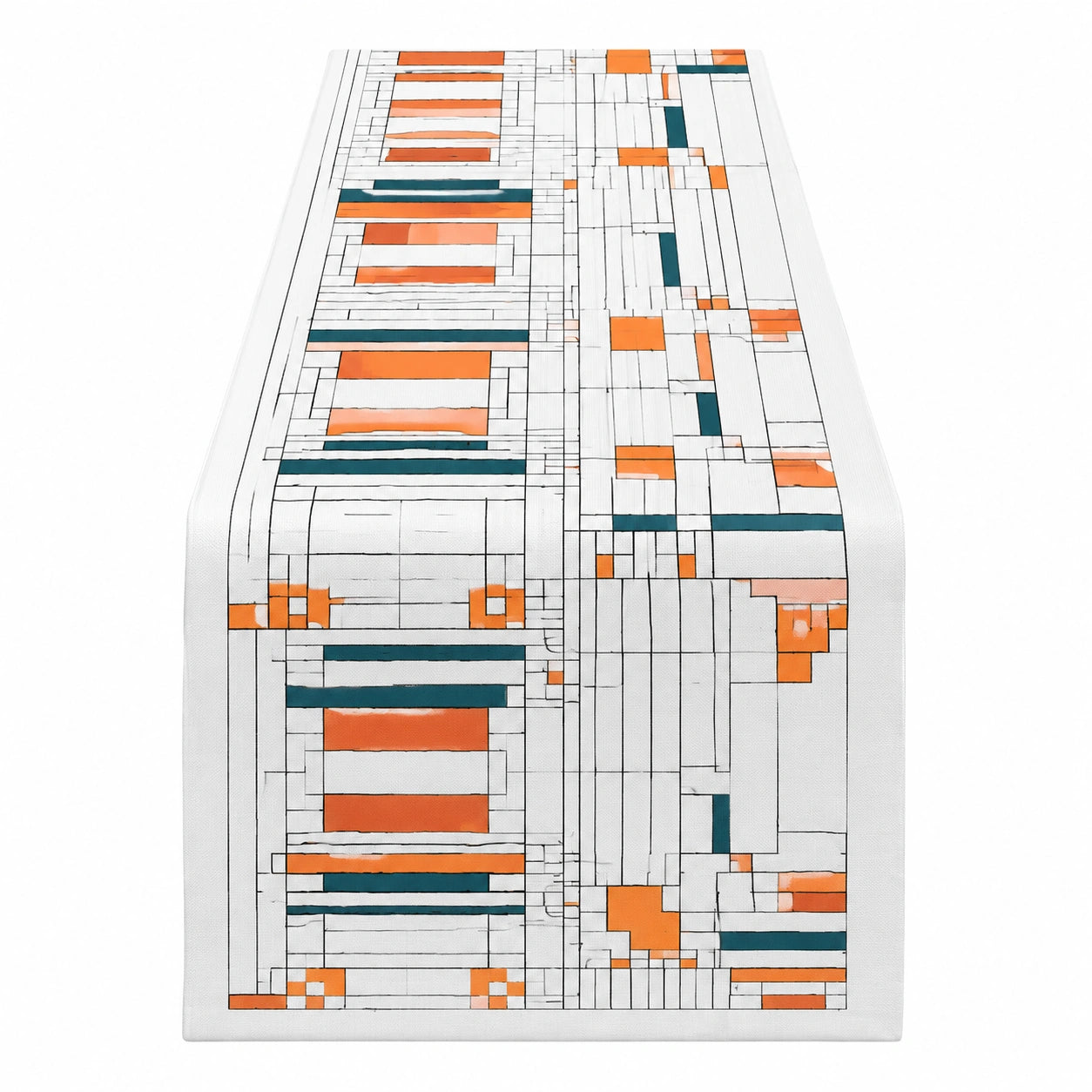 Chemin de table 33 x 180 cm textile blanc orange bleu canard motif géométrique moderne