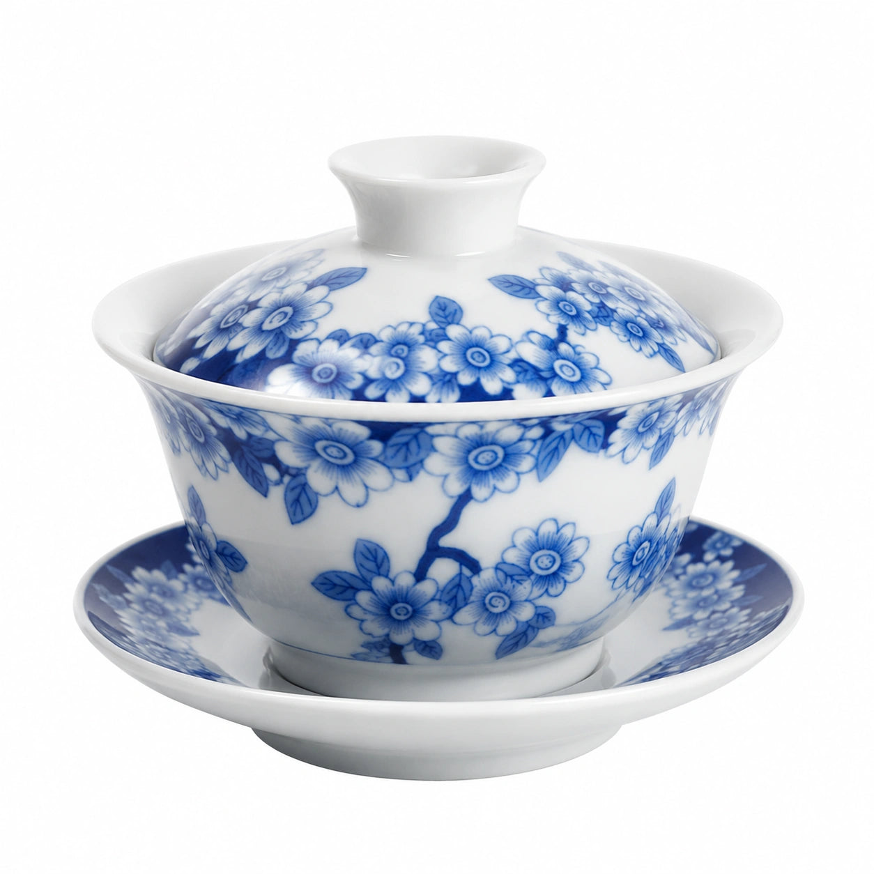 Gaiwan en porcelaine 180 ml blanc et bleu à décor floral pour thé