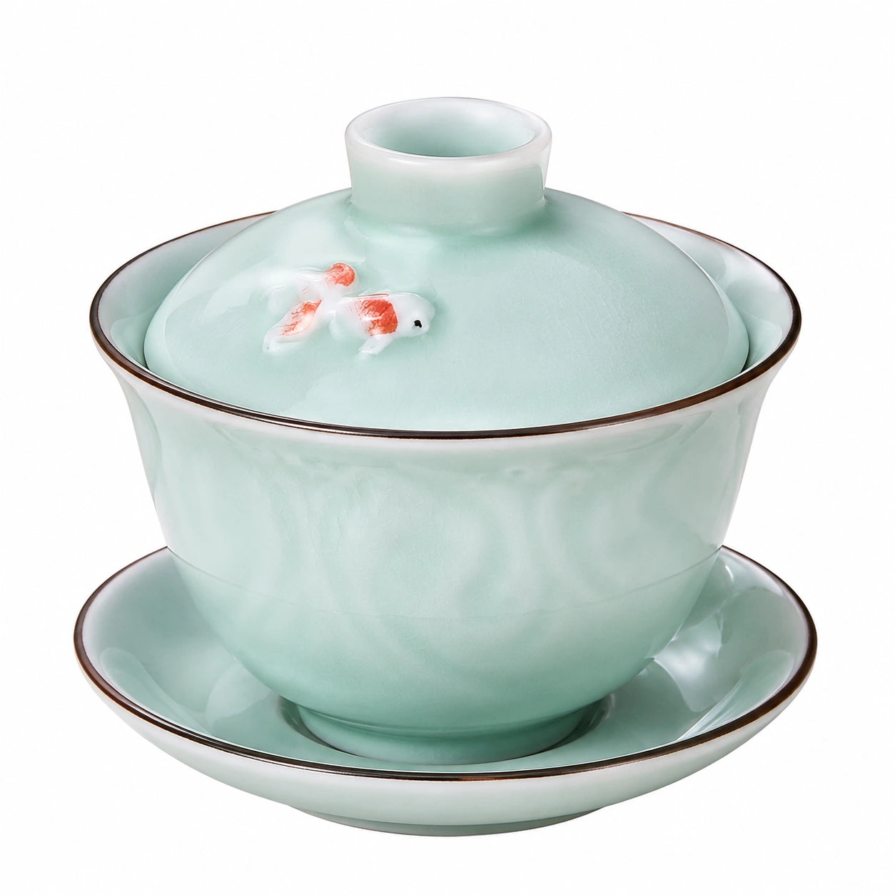 Gaiwan Ø 10 cm en porcelaine vert céladon avec soucoupe et couvercle décor poisson