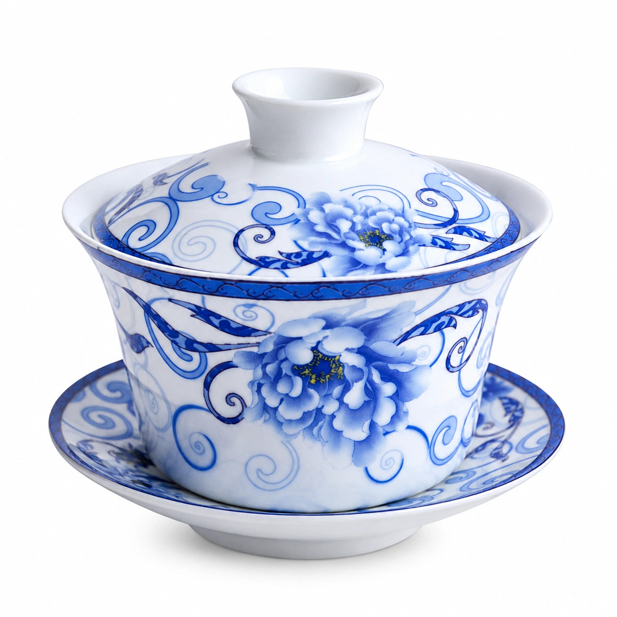 Gaiwan en porcelaine 180 ml blanc et bleu à décor floral pour thé