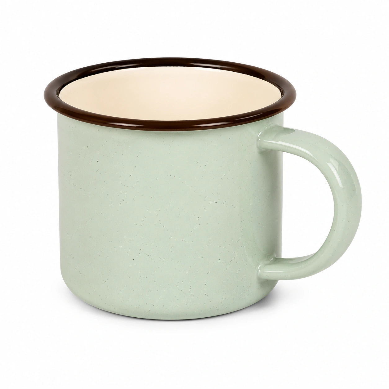 Mug émaillé 400 ml vert pâle avec bord brun - tasse à poignée style vintage