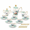 Service à thé en porcelaine 6 personnes 1200 ml blanc turquoise décor oiseaux avec théière