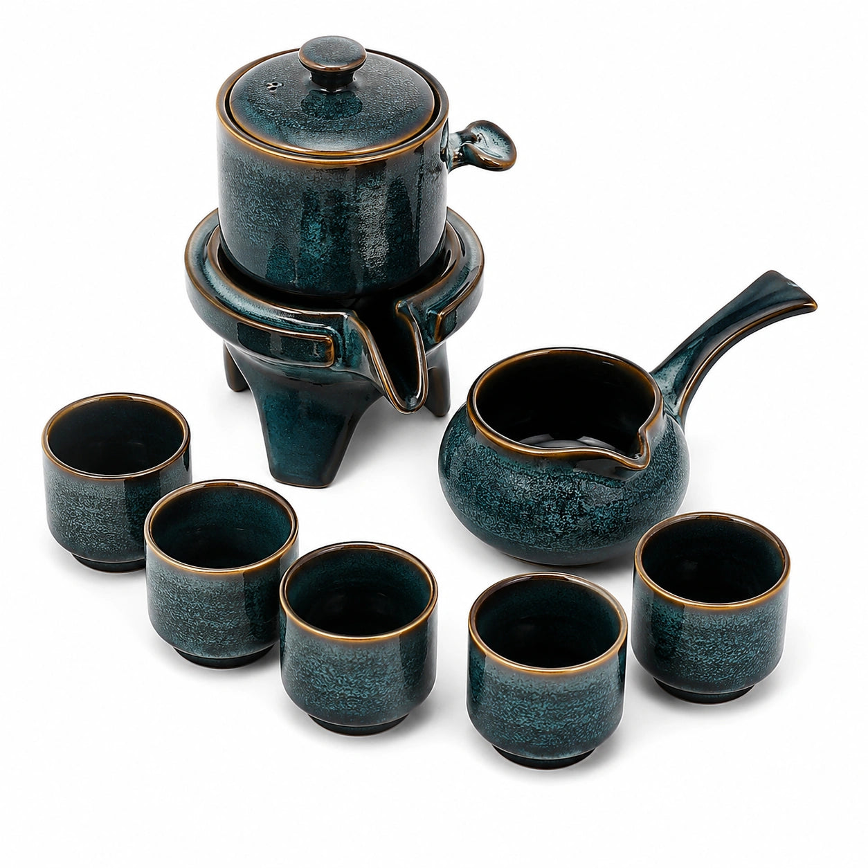 Service à thé 30 cm en céramique bleu pétrole pour 6 personnes style artisanal