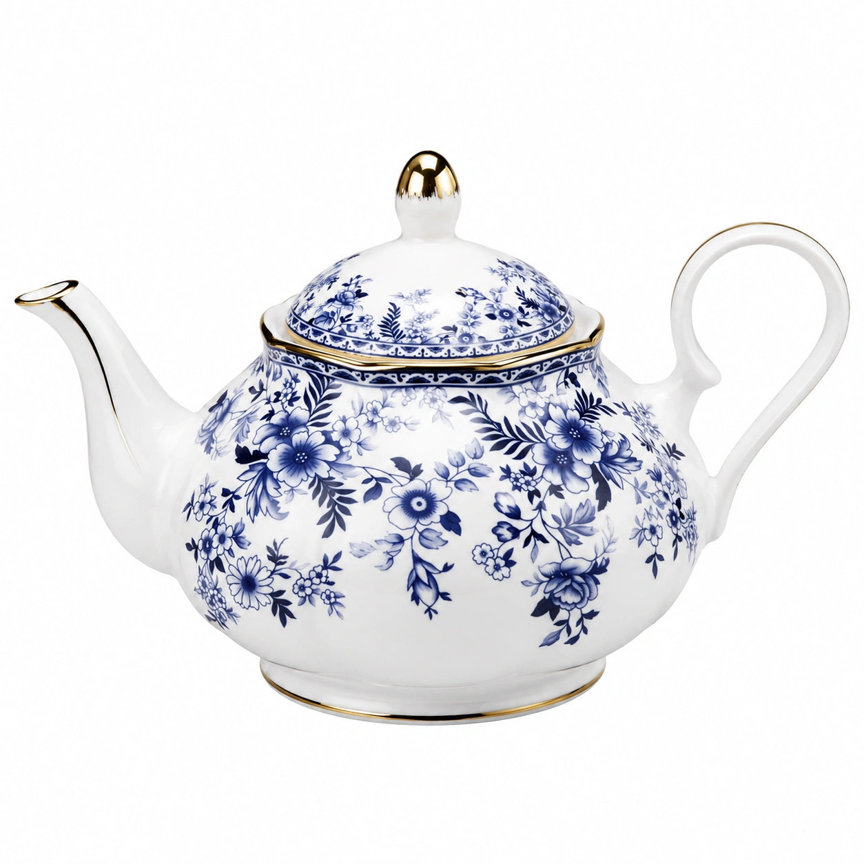 Théière en porcelaine 1200 ml blanche bleue à motif floral avec couvercle