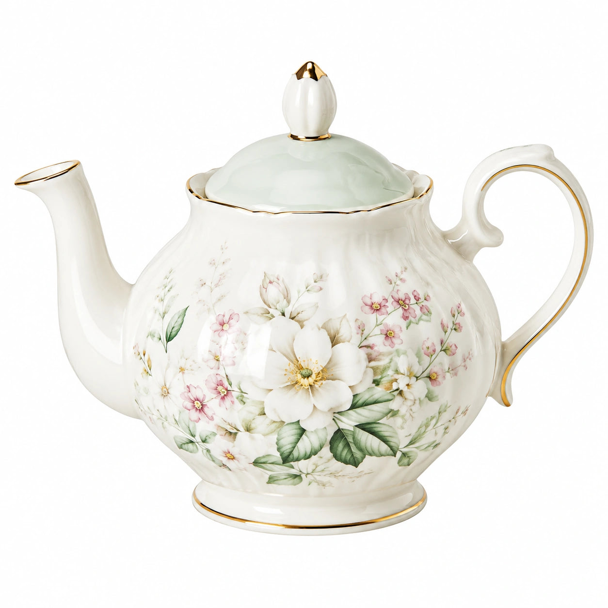 Théière en porcelaine 1200 ml blanc décor floral doré style classique